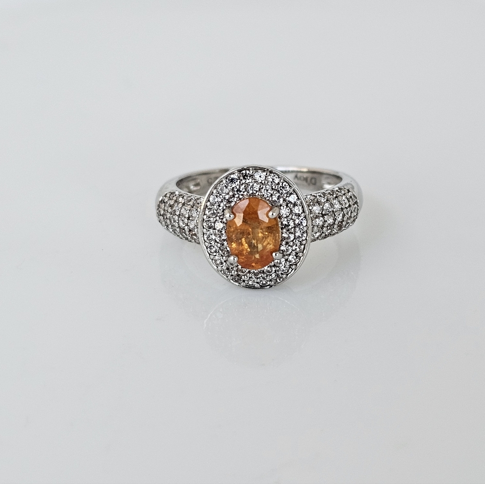 Genuine Spessartine Garnet & Zircon Ring in Platinum Over 925 Size 6! NEW